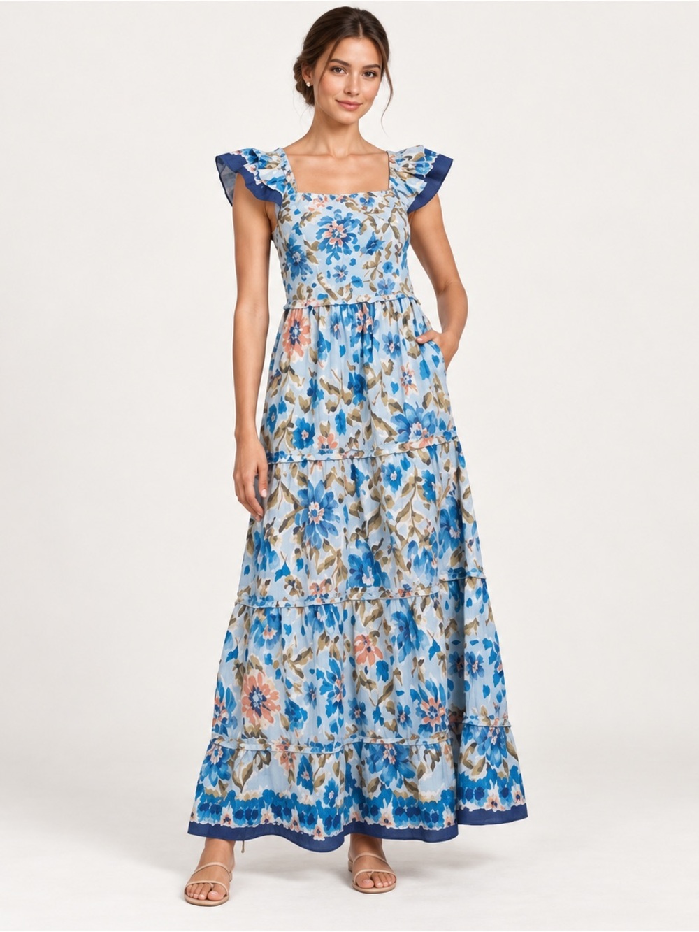 House of Harlow 1960 floral Ruffle-Strap Maxi smocked nap Dress S pocket boho